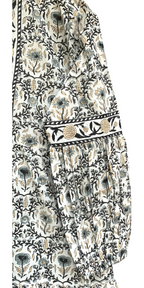 Ivory & Charcoal Floral Hand Block Printed Tiered Mini Dress