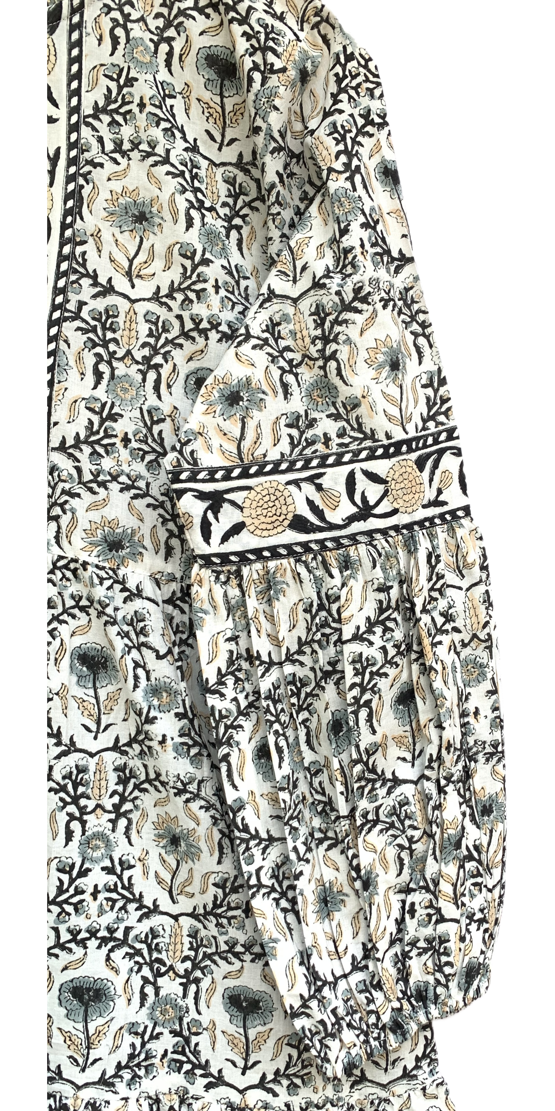 Ivory & Charcoal Floral Hand Block Printed Tiered Mini Dress