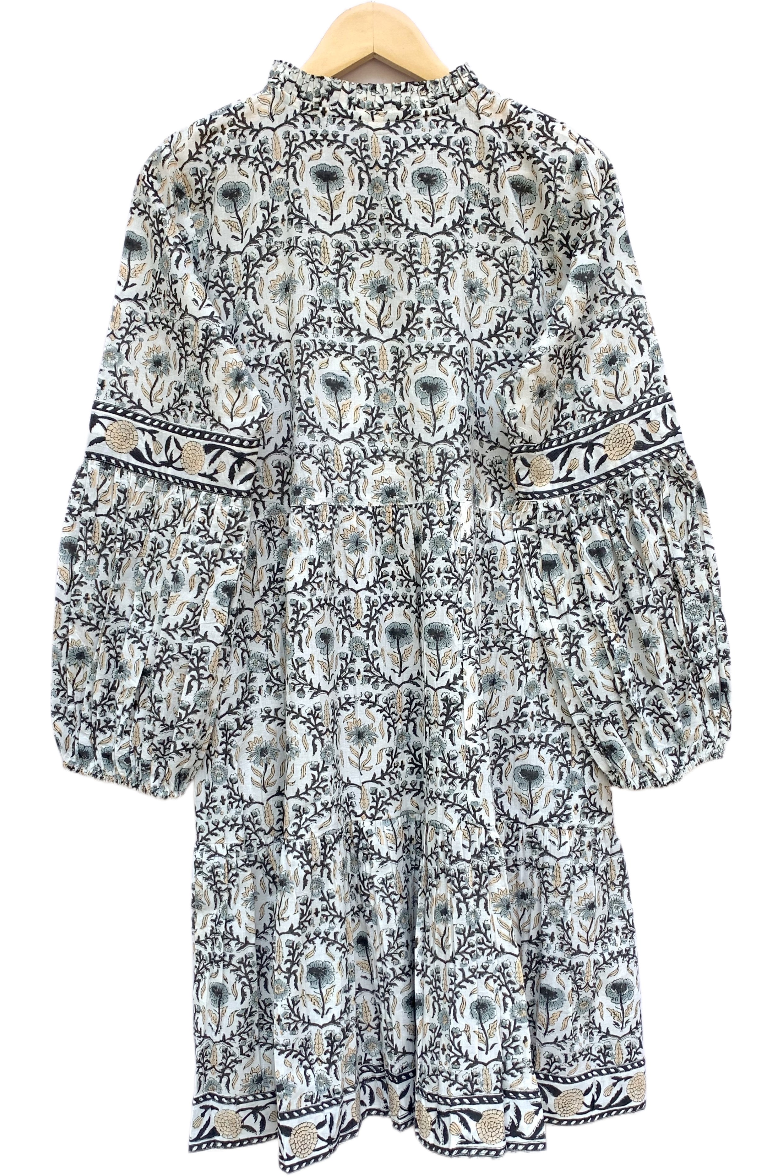 Ivory & Charcoal Floral Hand Block Printed Tiered Mini Dress