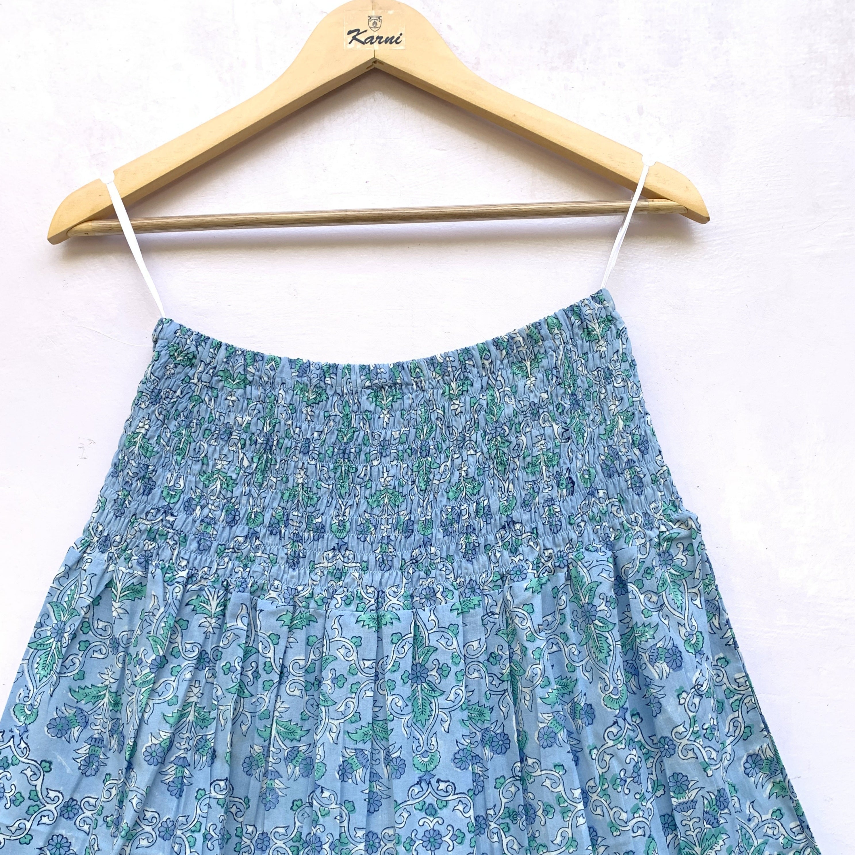 Sky Blue Floral Cotton Elastic Waist Maxi Skirt
