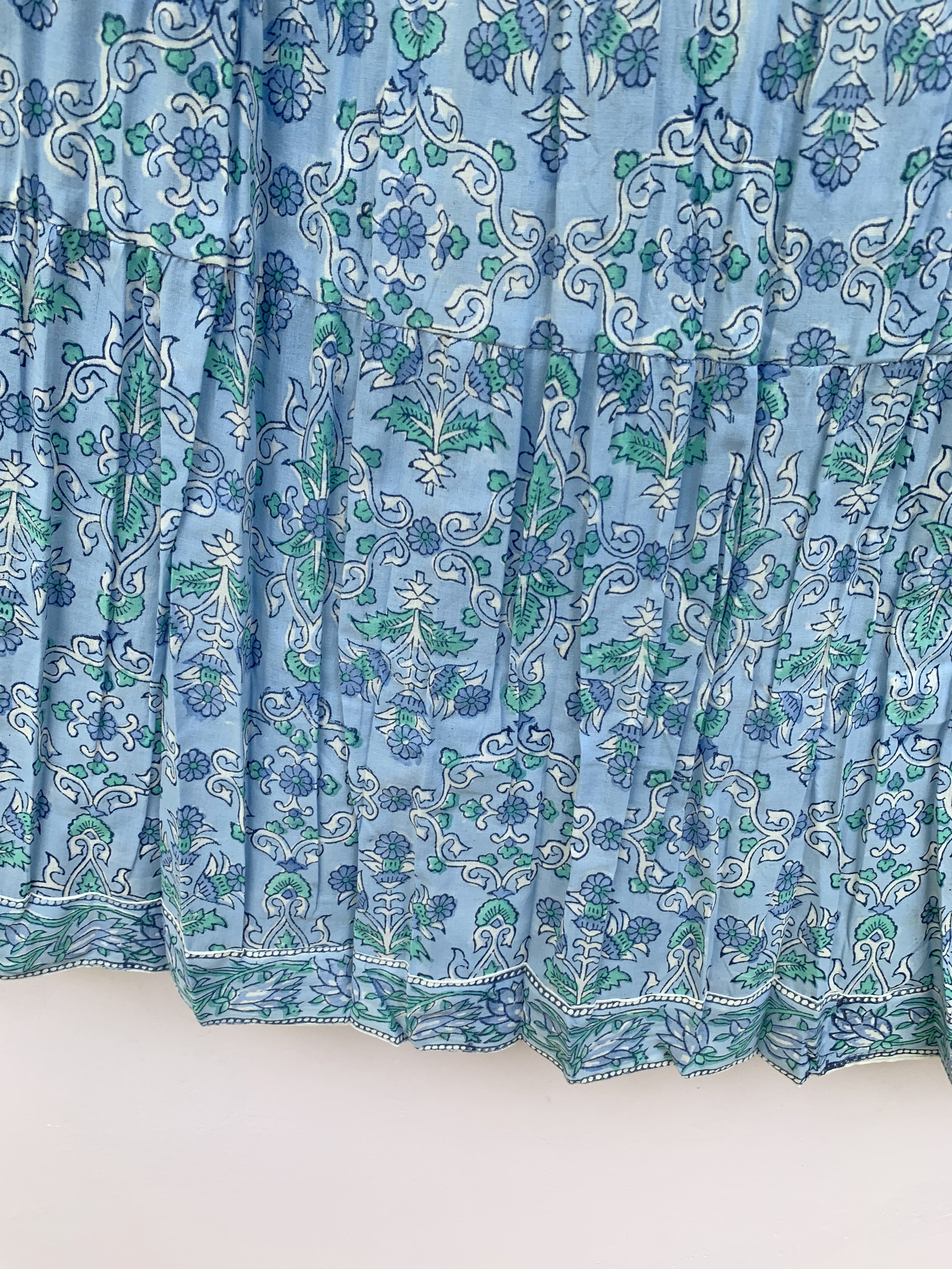 Sky Blue Floral Cotton Elastic Waist Maxi Skirt