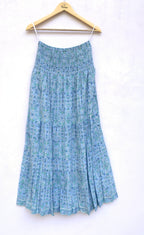 Sky Blue Floral Cotton Elastic Waist Maxi Skirt